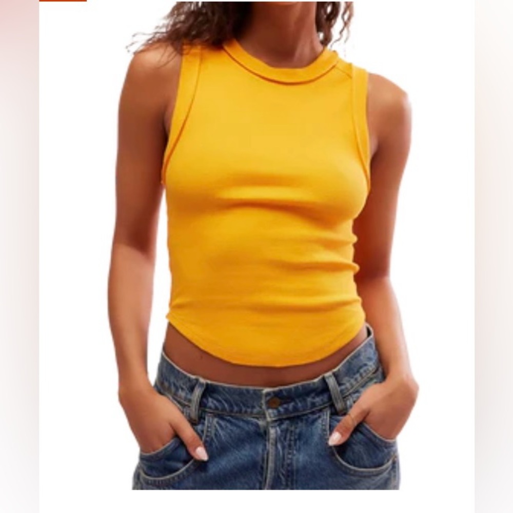 🆕 FREE PEOPLE Gold Kate Ribbed Tee. Size XL. NWT